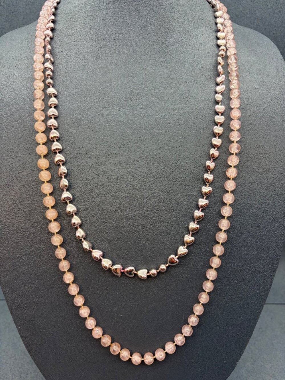 Pink Beaded Necklace Set 30 & 36 In Heart Strand Set Pale Crackle Silvery Retro